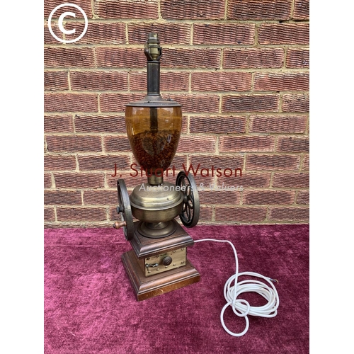 640 - Coffee grinder lamp, overall height 67cms