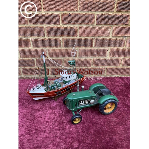 646 - Tin plate tractor and wooden trawler