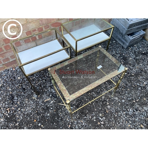 78 - Three brass and glass occasional tables (one glass missing)