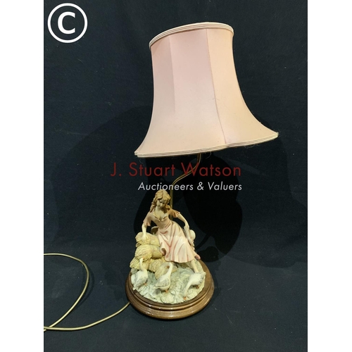 794 - Girl and geese figure lamp, height to top of shade 67cms