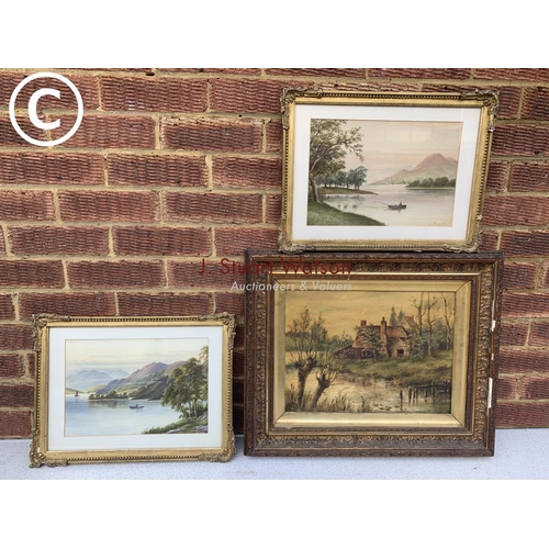 807 - Pair of Gilt Framed Watercolours Signed W J Mitchell and Oil on canvas of cottage