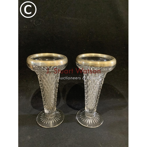 809 - Pair of silver rimmed glass vases height 24 cms