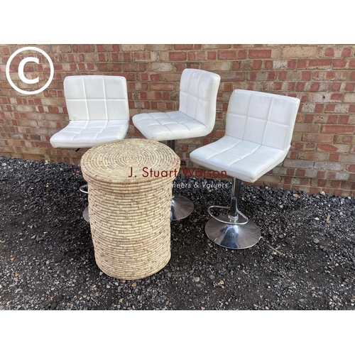 92 - Three modern white bar stools together with a wicker linen basket