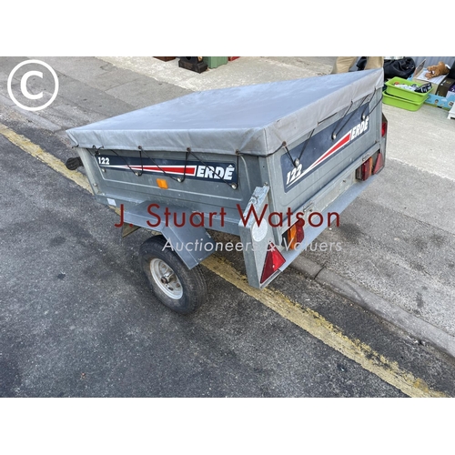 107 - An Erde 122 car trailer with steel chassis and floor, drop down tail board and rear light board