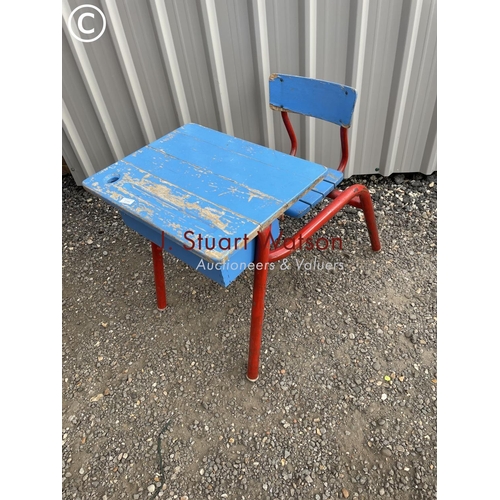 144 - A vintage red and blue school desk