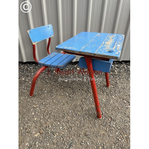 144 - A vintage red and blue school desk