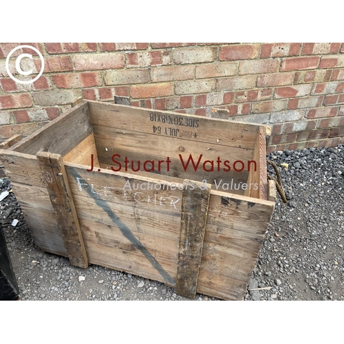 228 - A large black painted linen chest  95 x 49 cms together with an ammunition crate