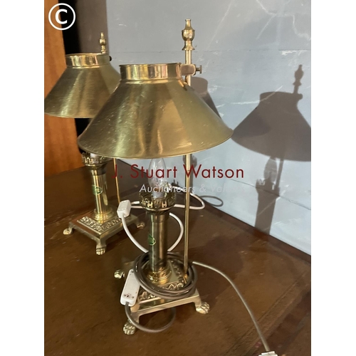 308 - A pair of brass table lamps with adjustable height shades, labelled Orient Express