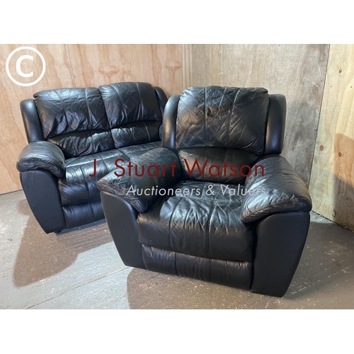 313 - A thick black leather three piece lounge suite consisting of a recliner armchair, standard chair and... 