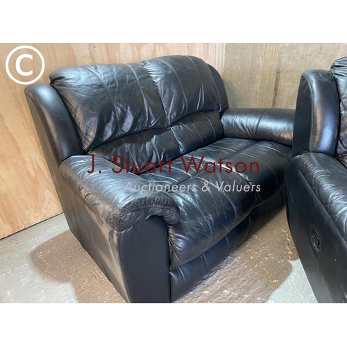 313 - A thick black leather three piece lounge suite consisting of a recliner armchair, standard chair and... 