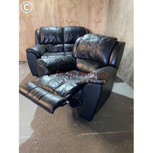 313 - A thick black leather three piece lounge suite consisting of a recliner armchair, standard chair and... 