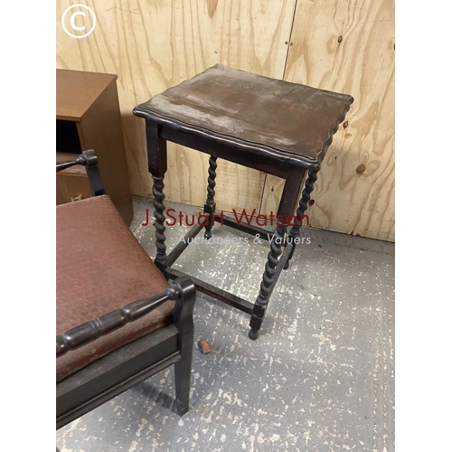 357 - Teak bedside, barley twist table and a piano stool