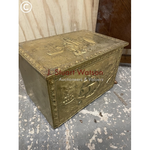 362 - A brass coal box together with a oak fire guard