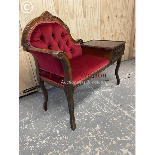 371 - A reproduction mahogany buttoned hall seat