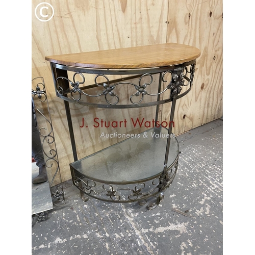 377 - Retro metalwork hall table together with matching mirror