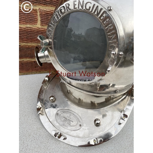 404 - A reproduction silver chrome coloured divers helmet with plaque for ANCHOR ENGINEERING