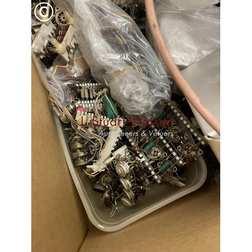 447 - Four boxes of assorted resisters, circuit boards and cables