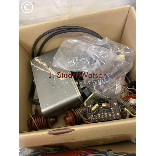 447 - Four boxes of assorted resisters, circuit boards and cables