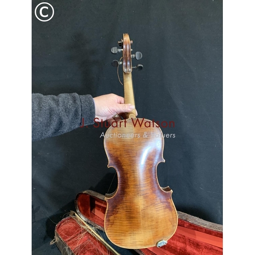 617 - Antique cased violin and bow, length of back 37.5 cms