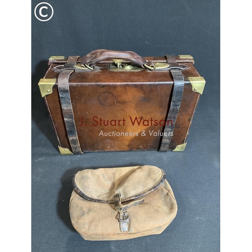 638 - Brass bound Leather gun cartridge case 40 x 25 x 15cms and canvas cartridge bag