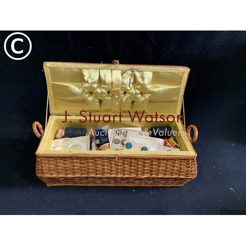 686 - Work basket and contents, length 36cms