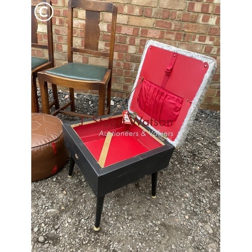 107 - Retro sewimg box, two oak chairs, two stools and a mirror