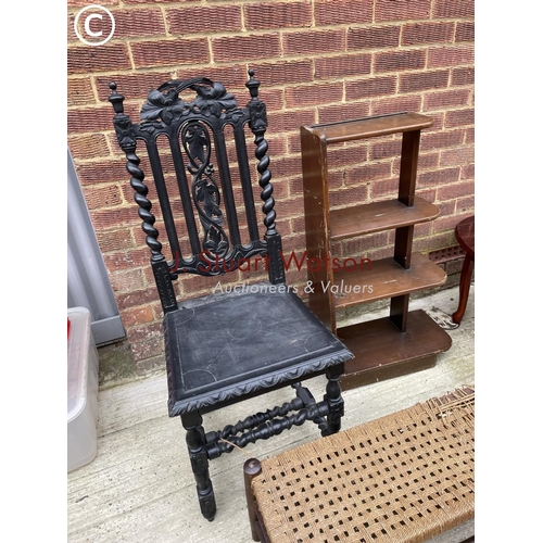 119 - Carved oak chair, stool, coffee table and a retro bookcase