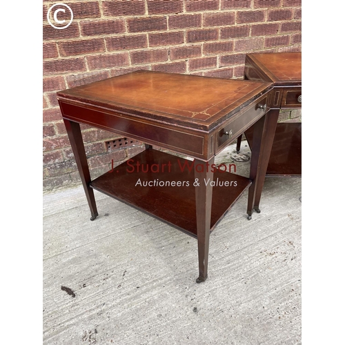 126 - A pair of reproduction mahogany lamp tables fitted with brown leather tops, each having a single dra... 