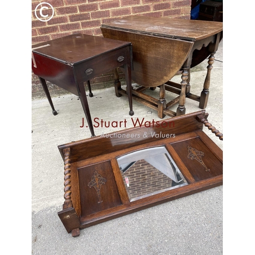 132 - A mahogany pembroke table, a oak gateleg table and an oak overmantle