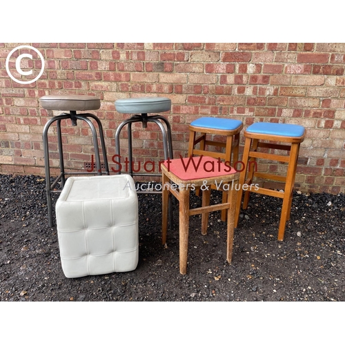 17 - Two industrial style stools, three kitchen stools and a retro pouffe