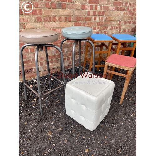 17 - Two industrial style stools, three kitchen stools and a retro pouffe