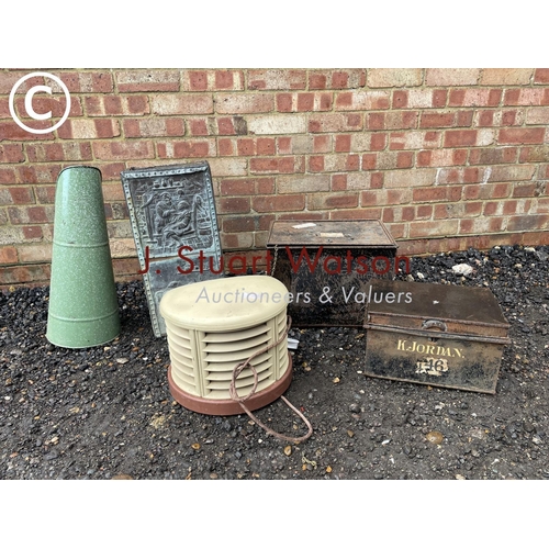 18 - Retro heater, two deed boxes and umbrella stand