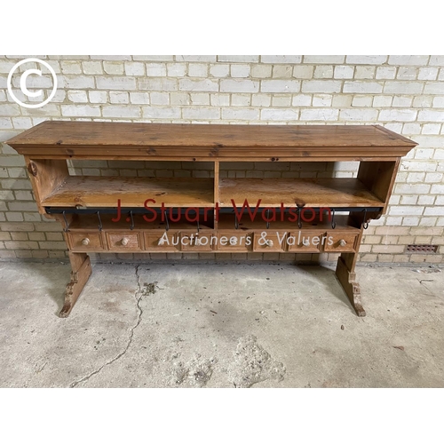 198 - A large farmhouse style pine butchers rack with a row of 8 drawers and a row of metal hooks