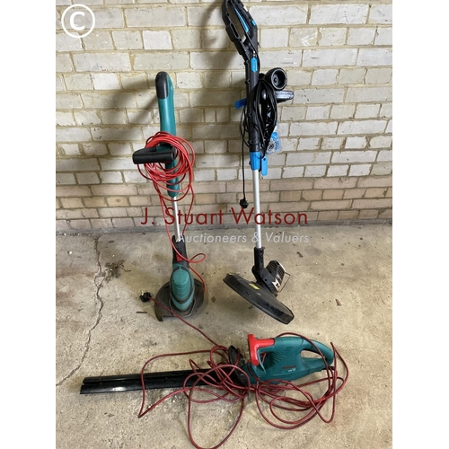 203 - Three electric garden tools consisting of Mac strimmer, Bosch strimmer and Bosch hedger