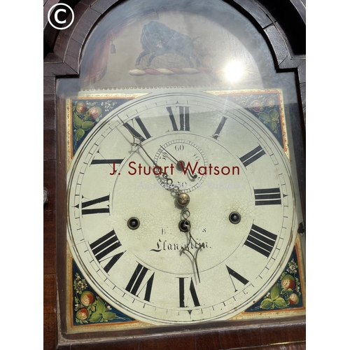 308 - A Victorian oak cased longcase clock with hand painted dial, 3 weights, key and pendulum