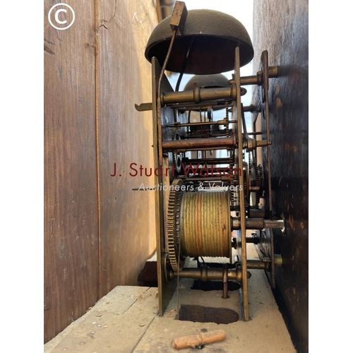 308 - A Victorian oak cased longcase clock with hand painted dial, 3 weights, key and pendulum