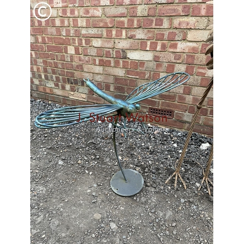 342 - Five  metal work garden bird statues tallest 130 cm together with  Dragonfly