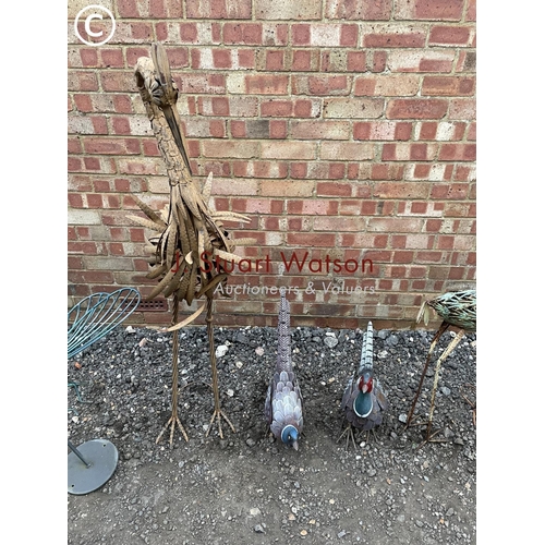 342 - Five  metal work garden bird statues tallest 130 cm together with  Dragonfly