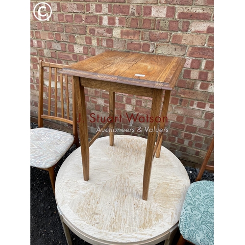 370 - Two teak chairs, teak occasional table and oak occasional table