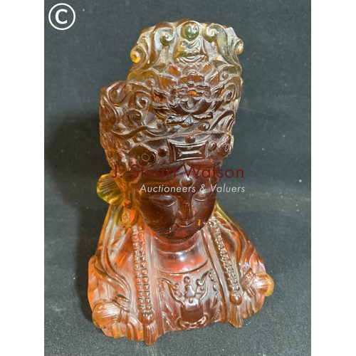 472 - Amber coloured bust of Guanyin height 19 cms