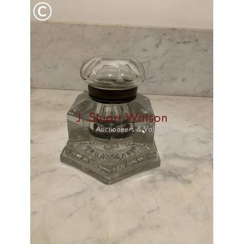 489 - Large Victorian hexagonal glass Desk Inkwell height 11 cms, base 11.5 x 11.5 cms