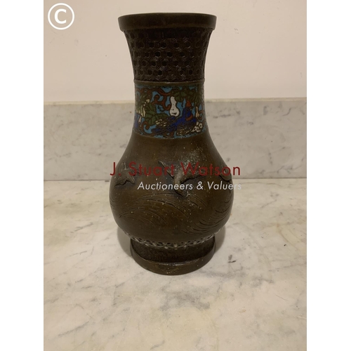 495 - Antique bronze CloisonnÃ© vase decorated with five birds in relief height 25 cms