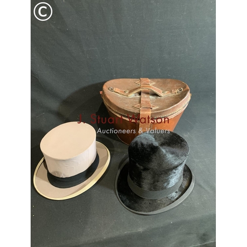 503 - Black silk top hat in fitted leather case and grey collapsible top hat