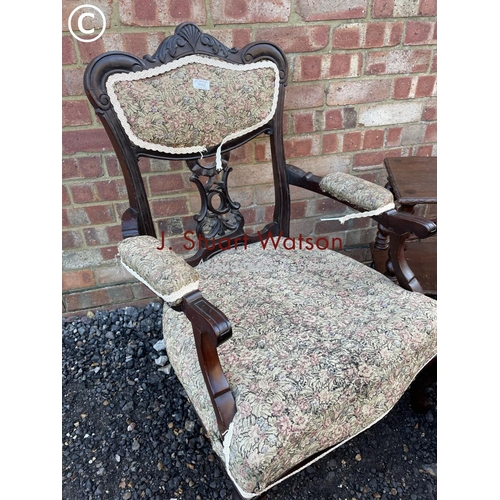 52 - An Edwardian salon chair, together with a barley twist bookcase and a stool