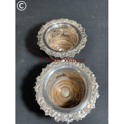 523 - Pair large silver plated bottle coasters, diameter 20cms, height 10cms