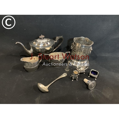 527 - 3 piece silver plated teaset, syphon stand, cruets and ladle