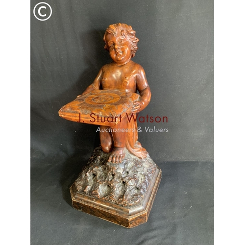 534 - Victorian carved soft wood Figure of a kneeling Cherub bearing cushion on plinth base, height 70cms,... 