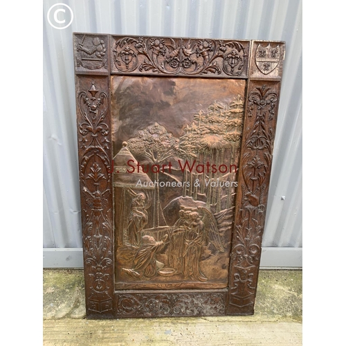 537 - Carved oak copper plaque, 65 x 100cms