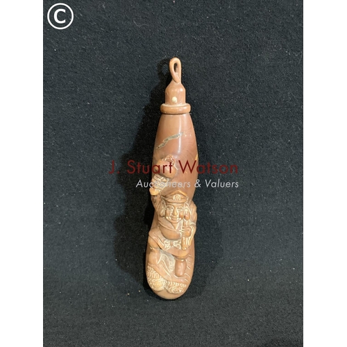 553 - Oriental carved wooden bottle with brush height 15cms