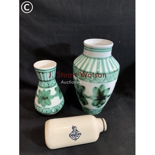 572 - 2 Rye pottery vases, largest is 34cms with crack around top rim and Doulton Bedwarmer